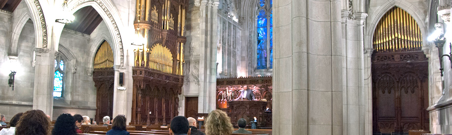 photo of church interior pews and organ